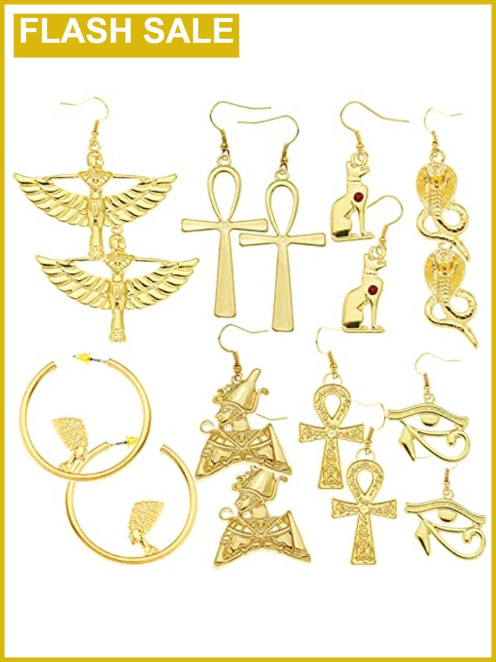 8 Pairs Egyptian Ancient Costume Dangle Earrings Set Cross Snake Hoop Studs
